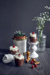Chocolate mousse with whipped cream and raspberries