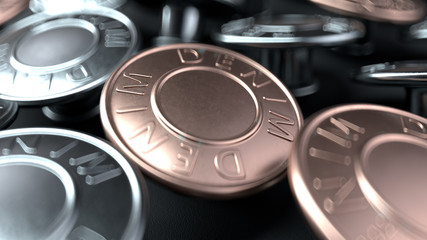 The random metal buttons close up on the black surface with a depth of field, 3d illustration