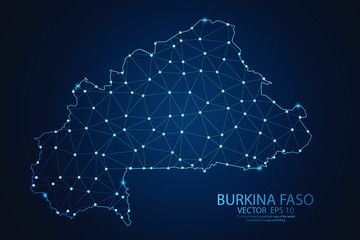 Abstract mesh line and point scales on dark background with map of Burkina Faso. Wire frame 3D mesh polygonal network line, design sphere, dot and structure. Vector illustration eps 10