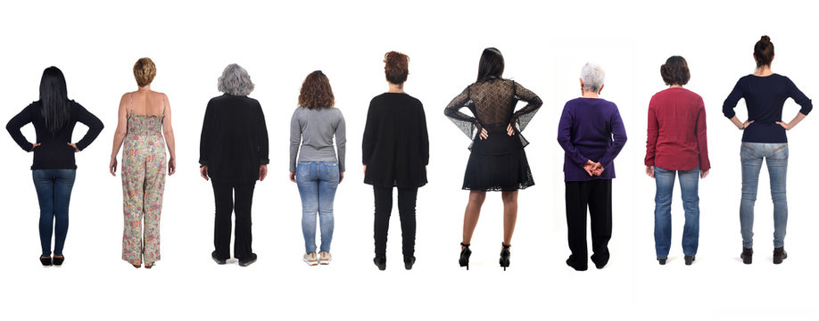 Group Of Woman From Behind On White Background