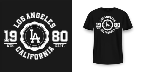 T-shirt graphic design in varsity style. Los Angeles California typography t shirt and apparel design. College style print on t-shirt mockup - obrazy, fototapety, plakaty