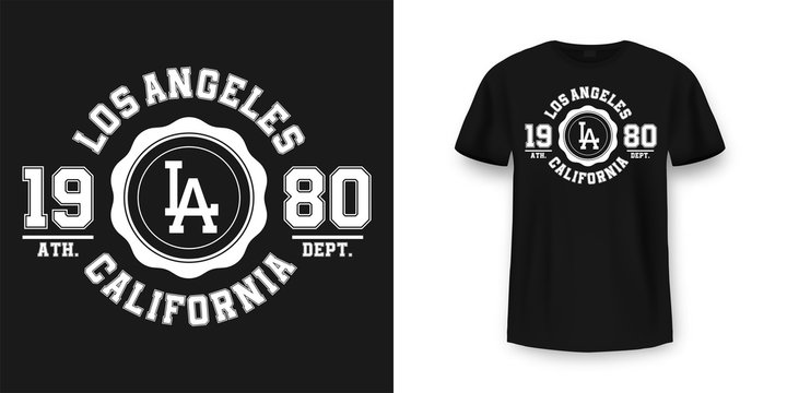 T-shirt graphic design in varsity style. Los Angeles California typography t shirt and apparel design. College style print on t-shirt mockup