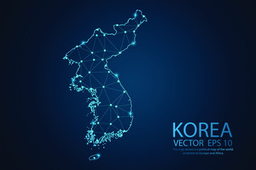 Abstract mash line and Point scales on dark background with map of Korea. Wire frame 3D mesh polygonal network line, design sphere, dot and line. Vector illustration eps 10. - obrazy, fototapety, plakaty