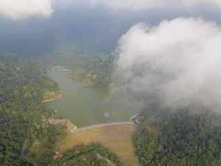 Aerial view Air Itam dam over cloud.
