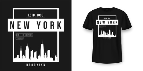 Fototapeta premium T-shirt graphic design with New York skyline silhouette in minimalistic style. New York City typography t shirt and apparel design. Urban and authentic print on t-shirt mockup