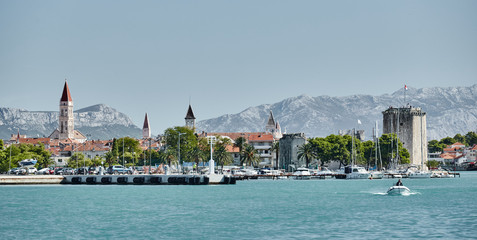 Obraz premium Seaview of Trogir, Croatia, cityscape from level of water, tower, boats