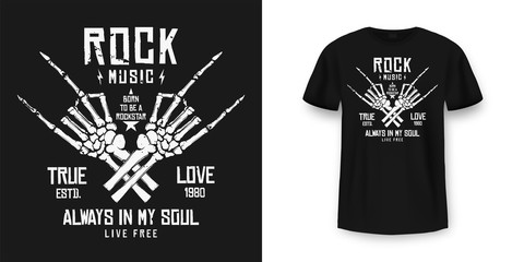 Rock music t-shirt graphic design with skeleton. Rock music slogan for t-shirt print and poster. Skeleton hands with grunge texture in vintage and hipster style