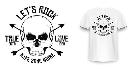 Rock and roll t-shirt graphic design with skull. Rock music slogan for t-shirt print and poster. Skull with grunge texture in vintage and hipster style