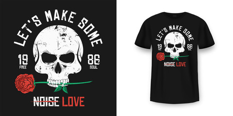 Rock and Roll t-shirt design. Skull is biting and holding red rose. Vintage rock music style graphic for t-shirt print, slogan t-shirt print