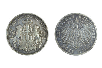 Germany Empire Hamburg silver coin 5 five marks 1899 lions support shield with fortress, knight’s helmet on top, imperial eagle with shield on chest, crown with ribbon above