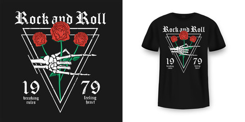 Rock and Roll t-shirt design. Skeleton hand is holding red roses. Vintage rock music style graphic for t-shirt print, slogan t-shirt print