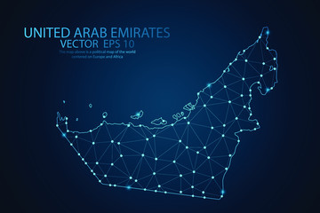 Abstract mash line and point scales on Dark background with map of United Arab Emirates. Wire frame 3D mesh polygonal network line, design polygon sphere, dot and structure. Vector illustration eps 10