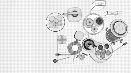 Blueprint project draft, vintage retro dining room with wooden table and chairs, healthy breakfast buffet with cappuccino, fruit and cookies. Interior design, top view, plan, above