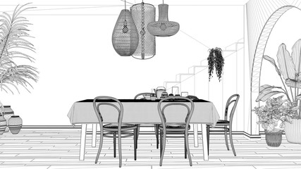 Blueprint project draft, vintage retro dining room with table and chairs, breakfast buffet, classic pendant lamps, archways with potted plants, minimal staircase, interior design