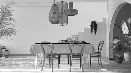 Unfinished project draft, vintage retro dining room with table and chairs, breakfast buffet, classic pendant lamps, archways with potted plants, minimal staircase, interior design