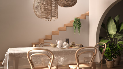Vintage retro dining room with wooden table and chairs, breakfast buffet, rattan classic pendant lamps, parquet floor, archways with potted plants, minimal staircase, interior design