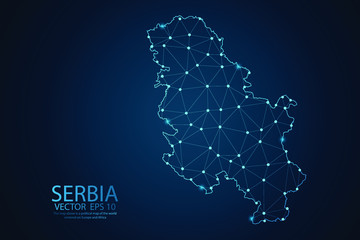 Obraz premium Streszczenie linii zacieru i skale punktowe na ciemnym tle z mapą Serbii. Siatka druciana, siatka 3D, wielokątna linia sieci, projektowanie wielokątnej kuli, kropki i struktury. Ilustracja wektorowa eps 10.