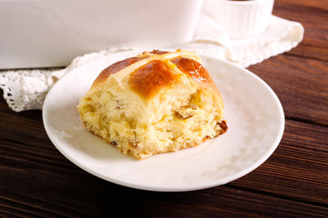 Freshly baked hot cross buns, served
