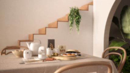 Blur background interior design, vintage retro dining room with table and chairs, breakfast buffet, classic pendant lamps, archways with potted plants, minimal staircase