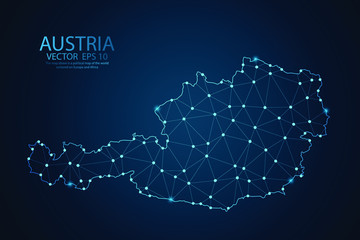 Abstract mash line and point scales on Dark background with map of Austria. Wire frame 3D mesh polygonal network line, design polygon sphere, dot and structure. Vector illustration eps 10.