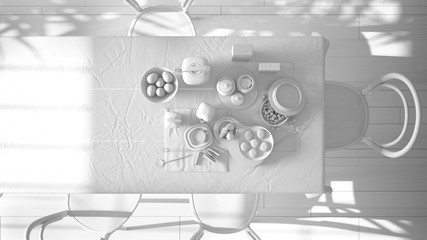 Total white project draft, vintage retro dining room with wooden table and chairs, healthy breakfast buffet with cappuccino, fruit and cookies. Interior design, top view, plan, above