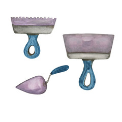 Watercolor illustration of a set of construction tools trowel. Hand-drawn with watercolors and suitable for all types of design and printing.