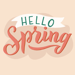 Hello spring lettering text illustration. Handwritten typography design. Trendy font poster, card, print, planner cover. Vector eps 10.