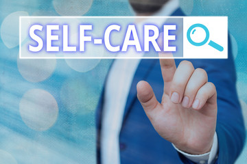 Text sign showing Self Care. Business photo showcasing the practice of taking action to improve one...