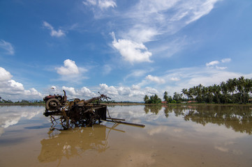 Fototapeta na wymiar Rice paddy tractor in the flood field under blue sky.