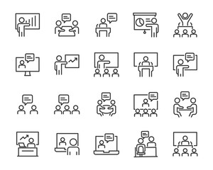 set of training icons, presentation, seminar, video conference,