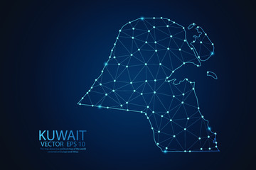 Abstract mash line and point scales on Dark background with map of Kuwait. Wire frame 3D mesh polygonal network line, design polygon sphere, dot and structure. Vector illustration eps 10.