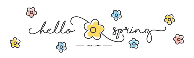 Hello Spring handwritten typography lettering text line design colorful flowers draw white isolated background banner © simbos