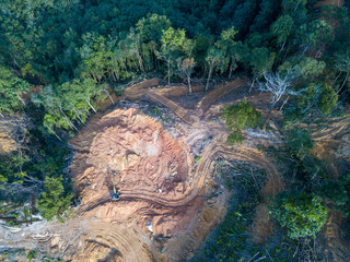 Aerial view look down excavator and land clearing at forest. © Cloudyew