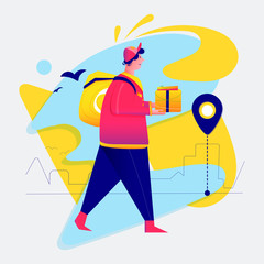 Courier with a backpack goes to deliver the package. Flat vector.