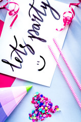 concept birthday party top view on white background mock up