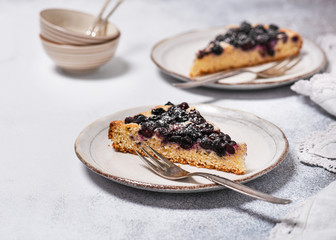 Piece of blueberry curd cake with powdered sugar. Summer homemade dessert. Selective focus. Copy space.