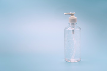 Hand sanitizer gel Anti virus protection with standard to prevent coronavirus COVID-19 infection.Medical protective on blue background.Healthcare and medical concept.