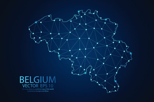 Abstract mash line and point scales on dark background with map of Belgium. Wire frame 3D mesh polygonal network line, design sphere, dot and structure. Vector illustration eps 10