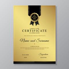 Golden and black certificate and diploma of appreciation luxury and modern design template vector illustration