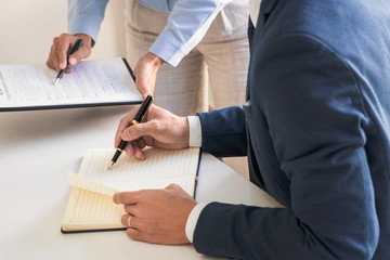 Male lawyer or judge consult with client check contract papers recommend legal proposals, Law services concept