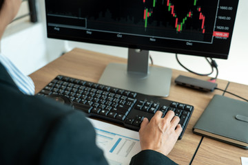 Working business man, team of broker or traders talking about forex on multiple computer screens of stock market invest trading financial graph charts data analysis.