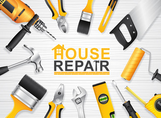 construction concept set all of tools supplies for house repair builder on white wooden background vector illustration