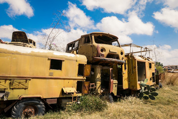 Fototapeta premium Crushed Military Truck on the Tank Graveyard in Asmara, Eritrea