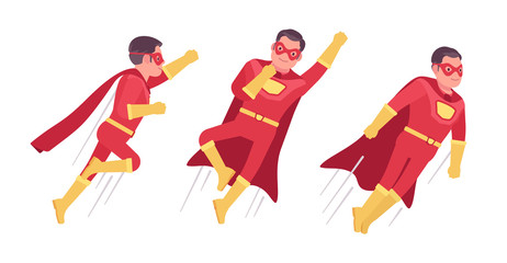 Male super hero in classic costume, flying pose. Heroic strong brave warrior, superpower man with superior combat, battle skills, successful extraordinary guy. Vector flat style cartoon illustration