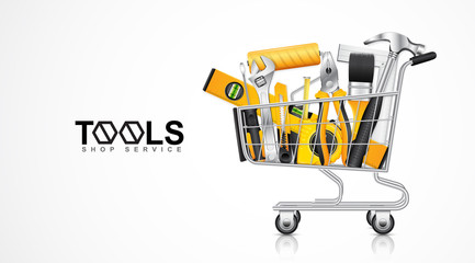 Construction concept tools shop service banner shopping cart with set all of tools supplies for house repair builder on white background vector illustration