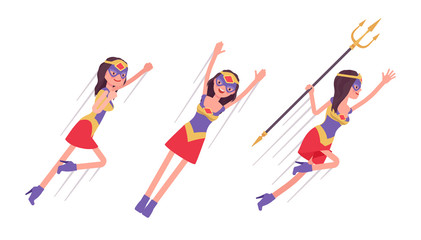 Female super hero in attractive costume flying pose. Effective wonder warrior, superpower sexy woman with superior combat and battle skills, extraordinary lady. Vector flat style cartoon illustration
