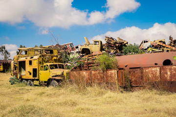Fototapeta premium Crushed Military Truck on the Tank Graveyard in Asmara, Eritrea