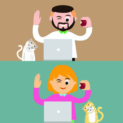 Vector cartoon, a man communicating with a woma in a happy posture by laptop and eating apples with a cute cat. Concept of work from home, COVID-19 virus outbreak, social distancing.