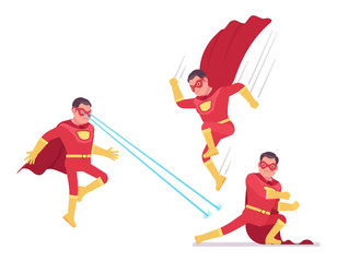Fototapeta premium Male super hero in classic red costume, attack poses. Heroic strong warrior, superpower man with superior combat and battle skills, successful extraordinary guy. Vector flat style cartoon illustration
