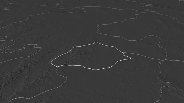 Aguascalientes, state with its capital, zoomed and extruded on the bilevel map of Mexico in the conformal Stereographic projection. Animation 3D